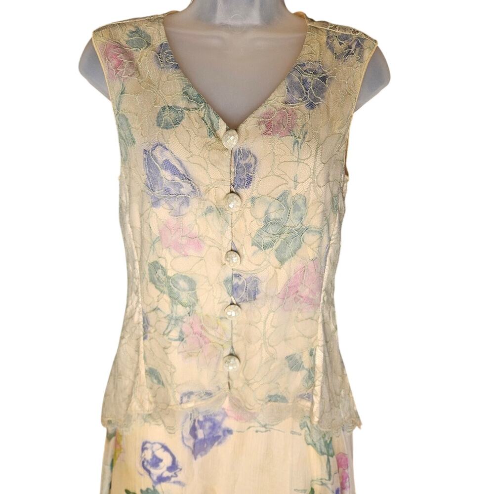 Holly Harp Pale Yellow Floral Two Piece Dress Sz S Vintage Pastel Silk Chiffon - Picture 4 of 11